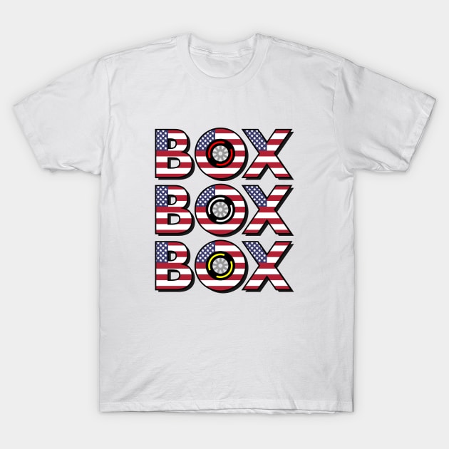 "Box Box Box" F1 Tyre Compound American Flag Design T-Shirt by DavidSpeedDesign